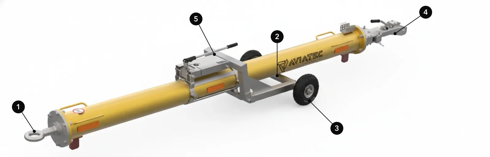 Aircraft towbar with its options numbered: tow eye, floating axle, tyres, tow head and the hand pump of the undercarriage
