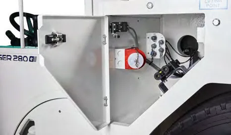 CHALLENGER 280e — open side hatch with electrical connection panel and sockets
