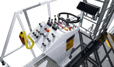 CHAMP 140 — operator's console with joysticks and steering wheel on the raised stand
